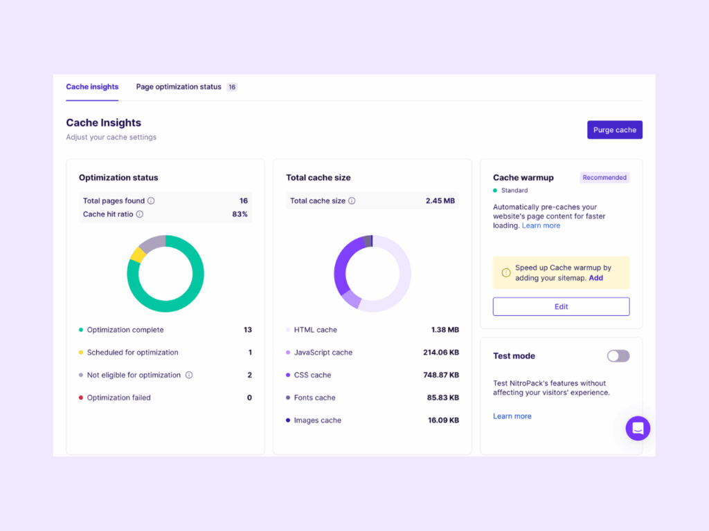 Example of NitroPack’s cache insights