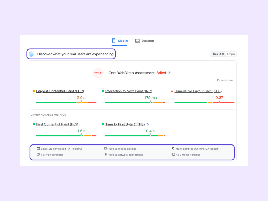 Example of field data sources shown on the Page Speed Insights results page