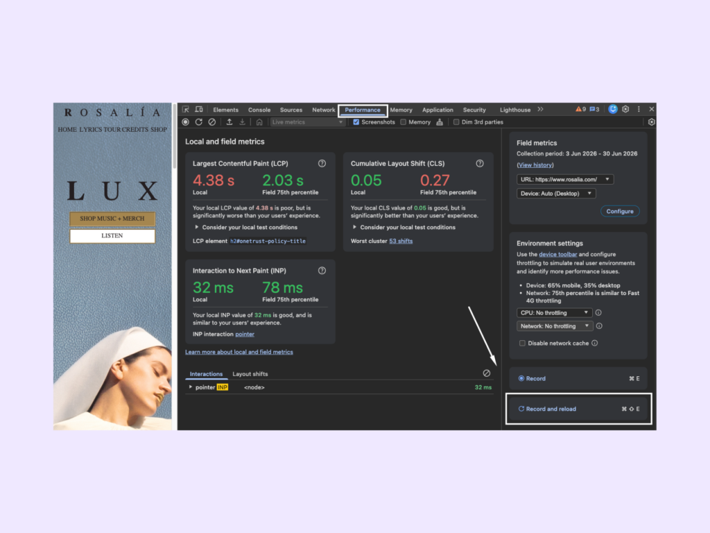 Opening the Performance panel in Chrome DevTools and choosing “Record and reload”