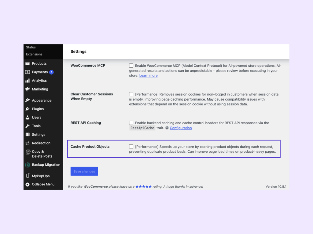 WooCommerce cache product objects checkbox