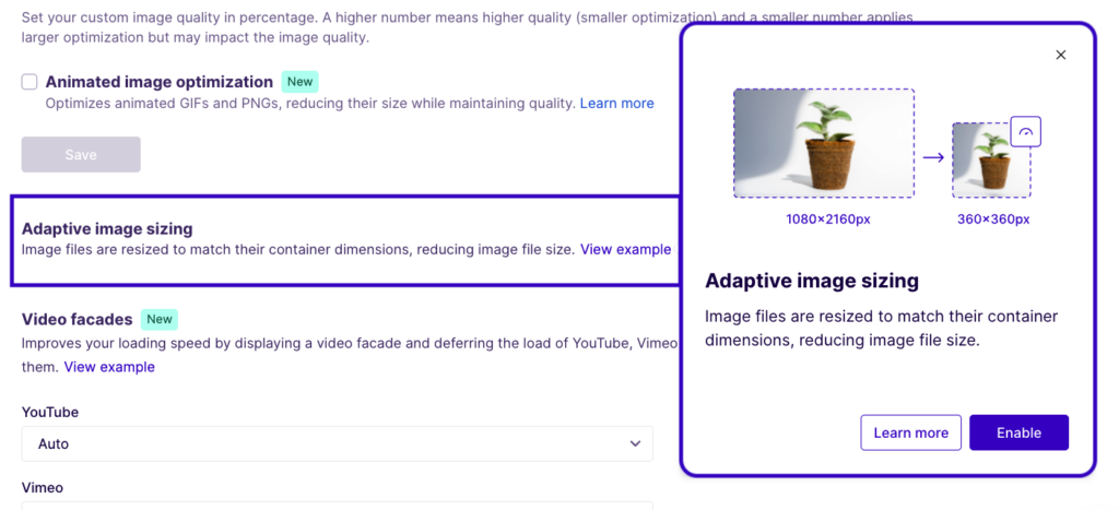 Adaptive image sizing function in Nitropack setting and example