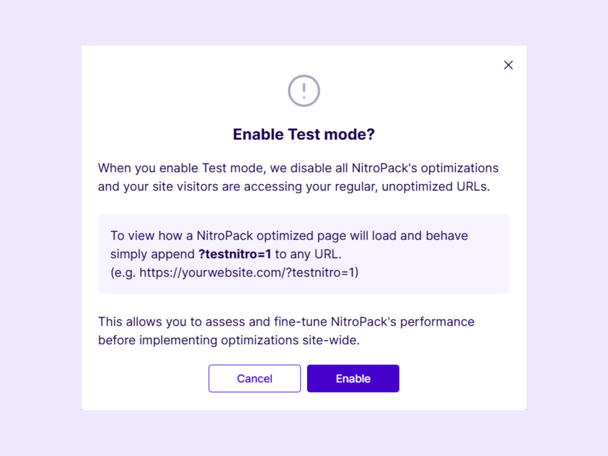“Enable test mode” pop-up on dashboard