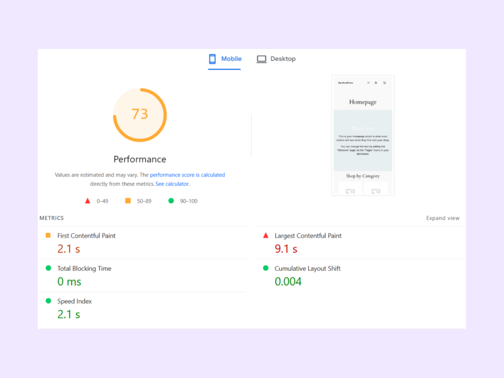 Mobile optimization results for Imagify
