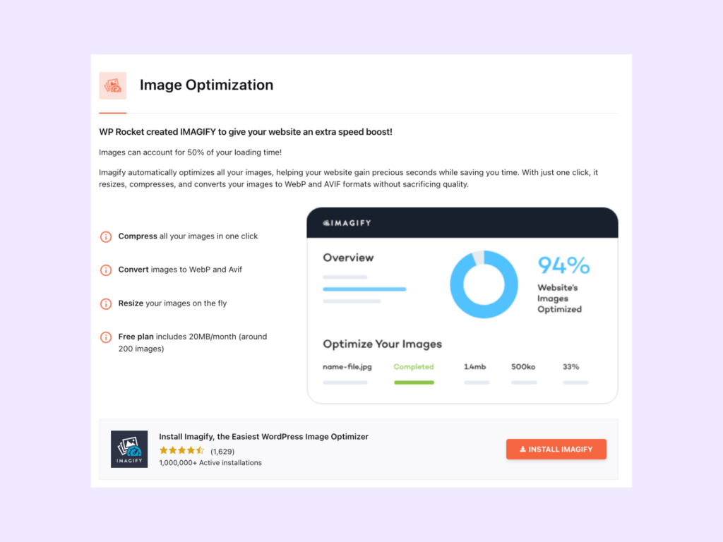 Image optimization tab in WP Rocket, prompting users to install Imagify