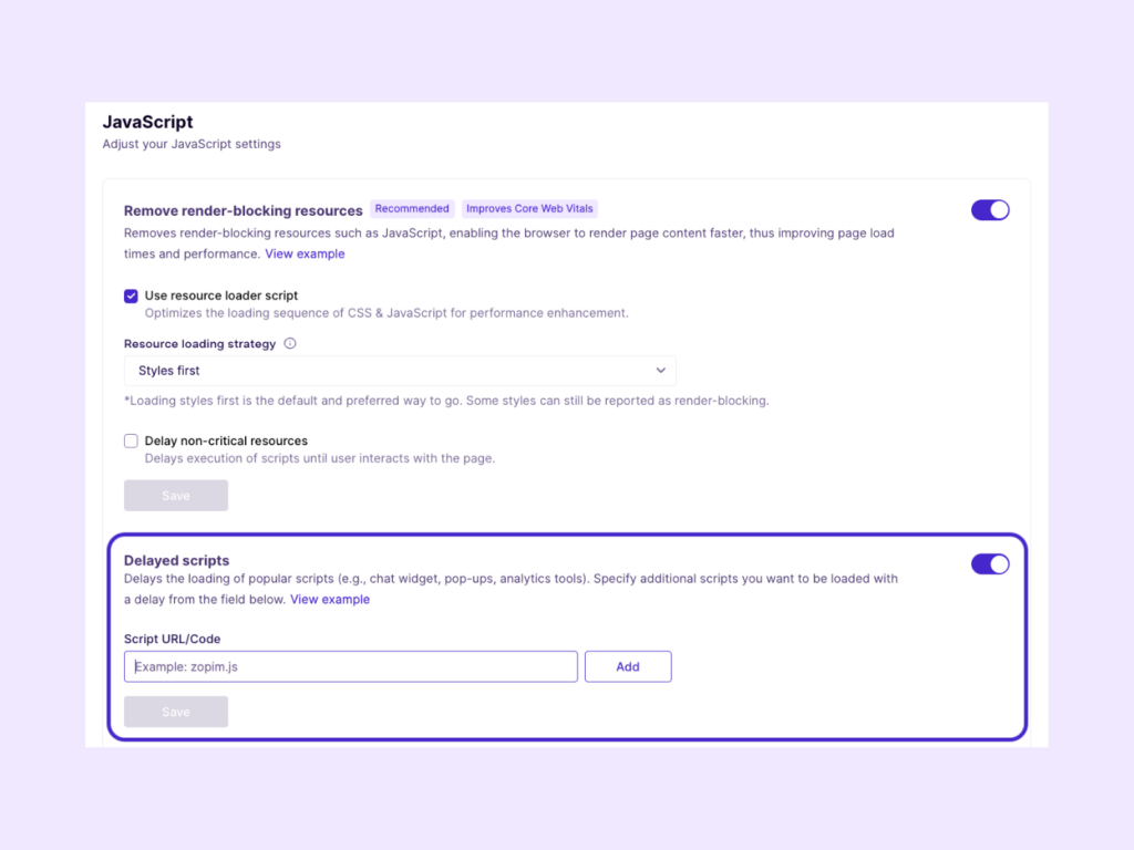 JavaScript settings in Nitropack