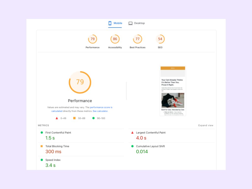 Test site Google PageSpeed Insights score without any optimizations
