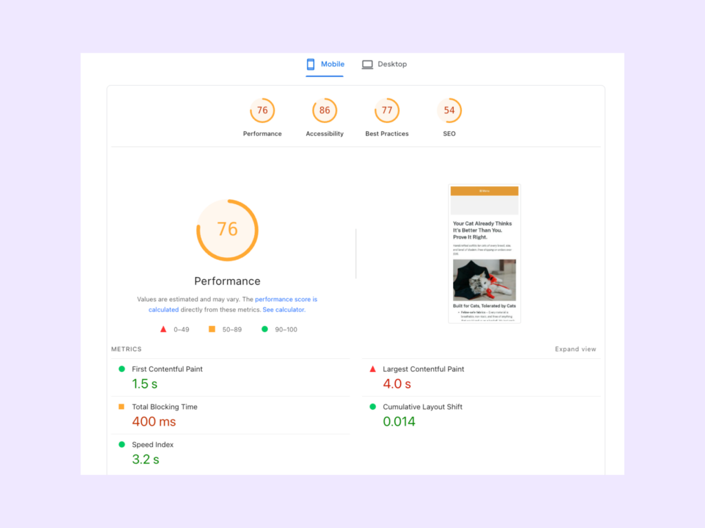 Test site Google PageSpeed Insights score with the default WP Rocket optimizations