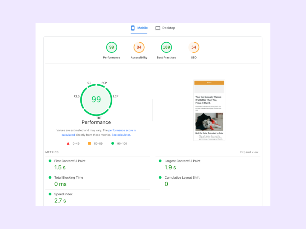 Test site Google PageSpeed Insights score with all WP Rocket optimizations