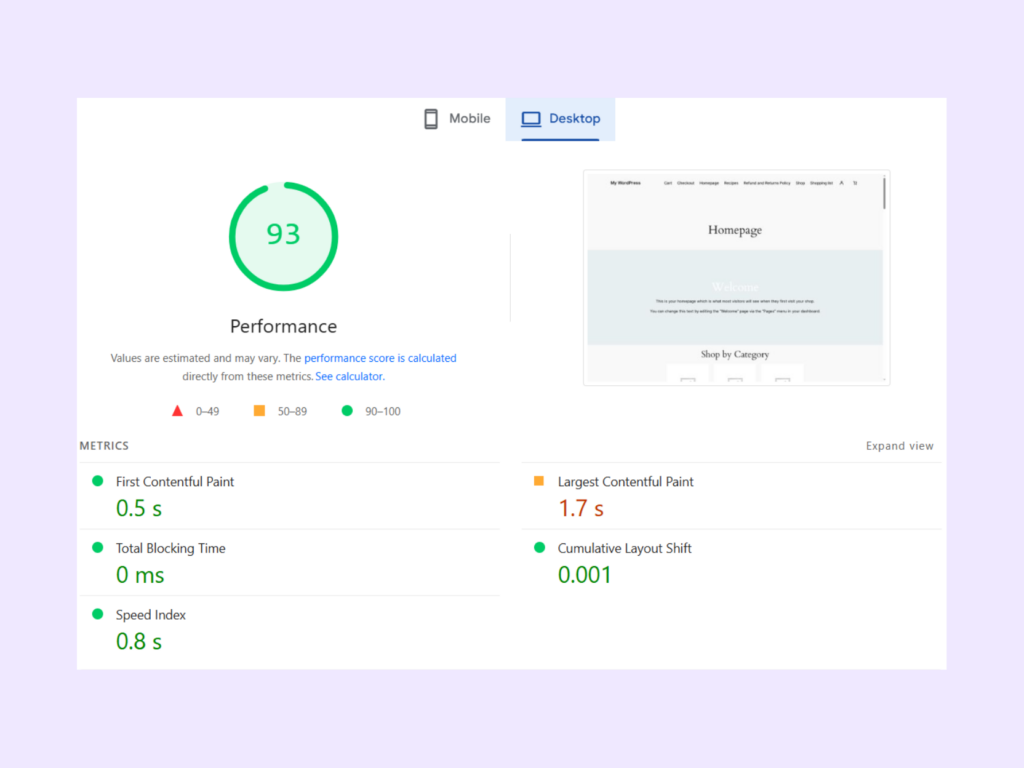 Desktop optimization results for ShortPixel