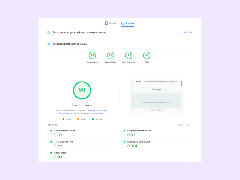 Desktop optimization results for Nitropack