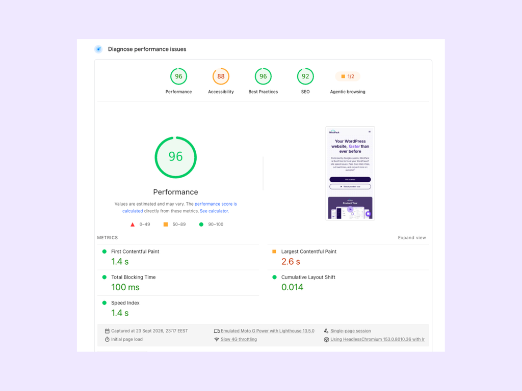 Performance score on PageSpeed Insights report
