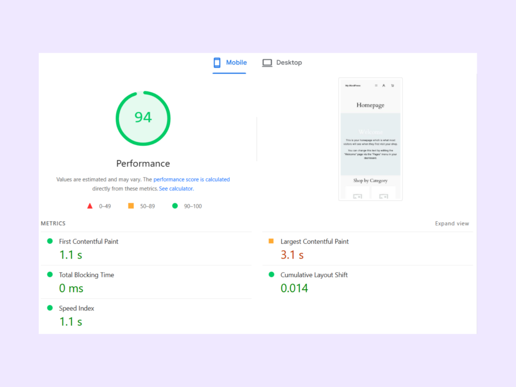 Mobile optimization results for Nitropack
