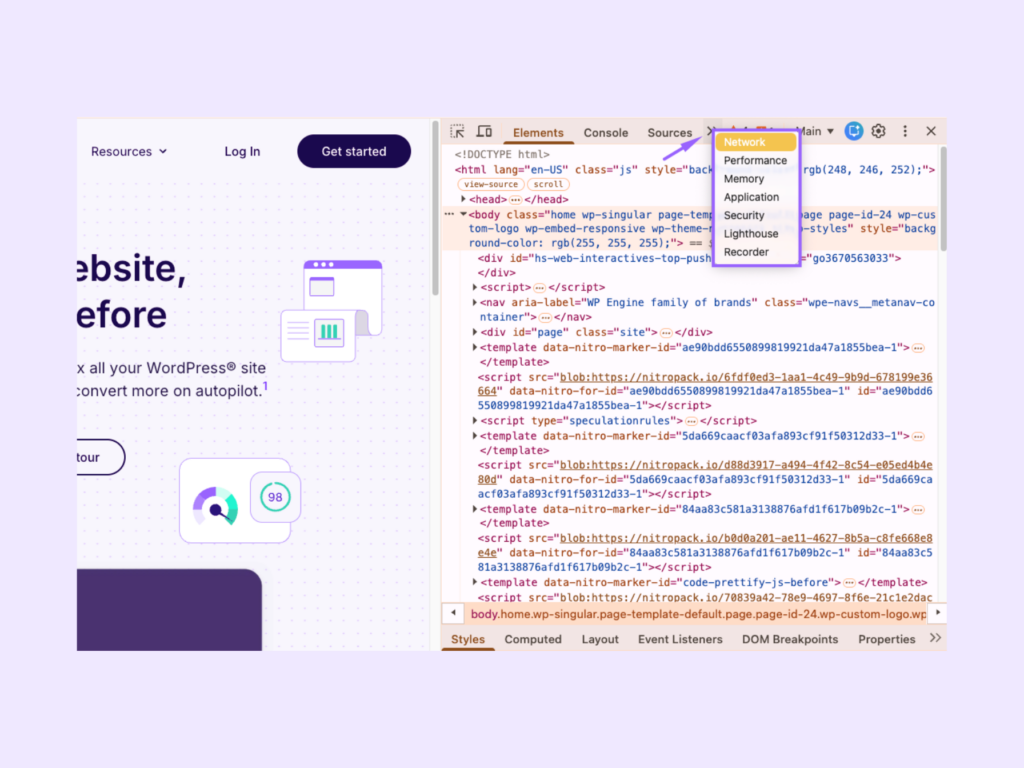 Finding the Network tab in Dev Tools