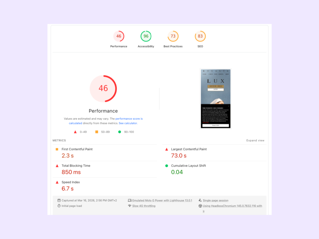 Example PageSpeed Insights page