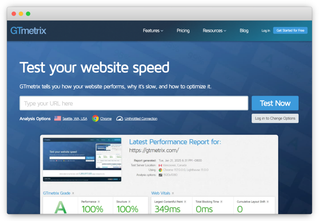 GTmetrix homepage