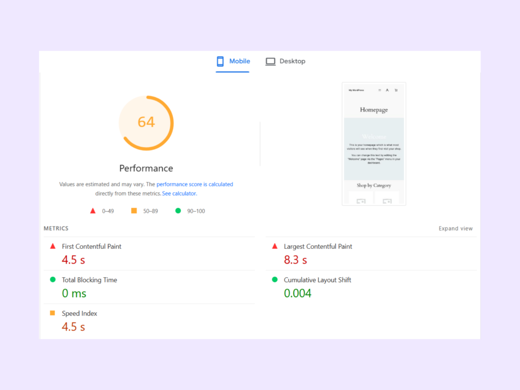 Mobile optimization results for EWWW Image Optimizer