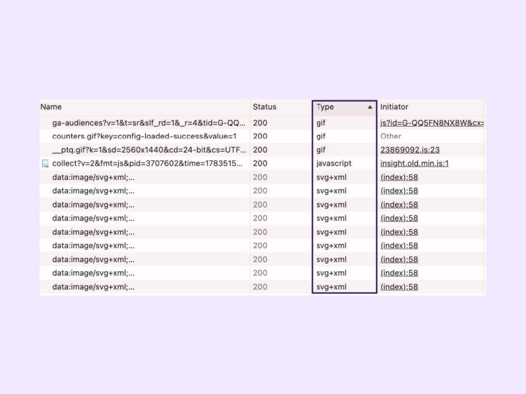 The type column in the Network tab of Chrome DevTools
