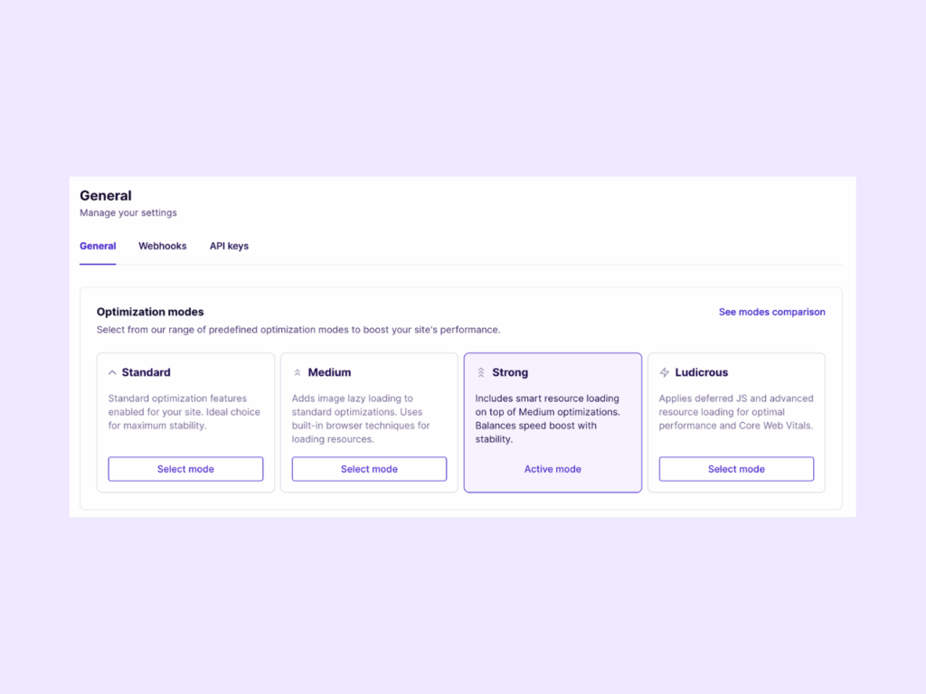 Examples of Optimization modes on NitroPack dashboard