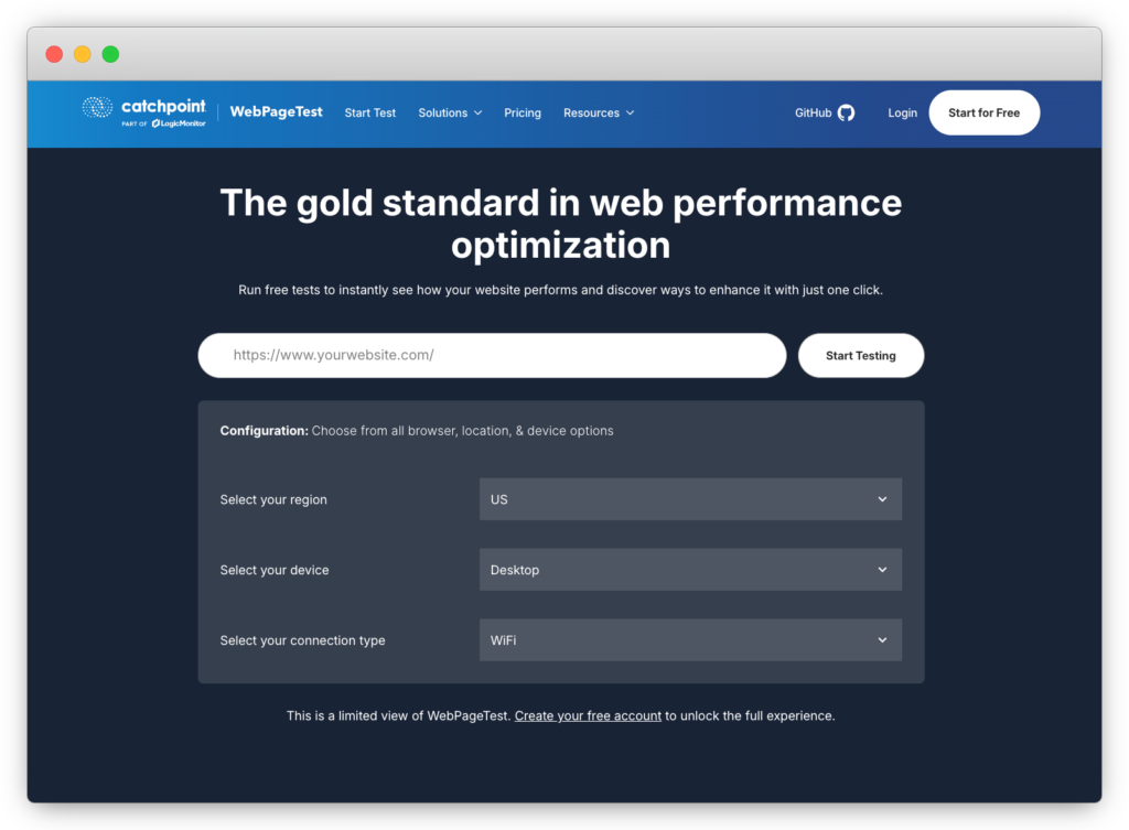 WebPageTest tool homepage