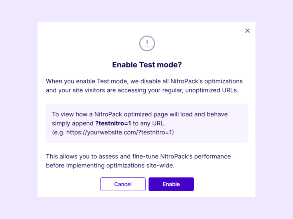 Test Mode pop-up