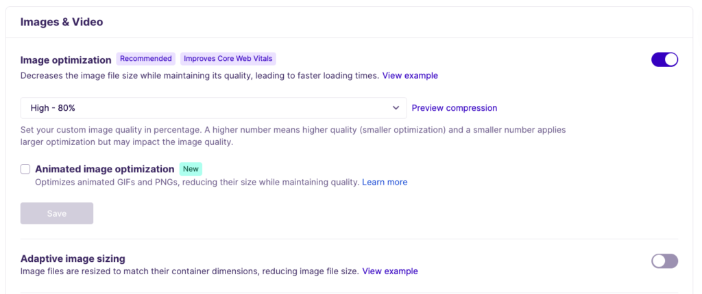Image and video settings in Nitropack
