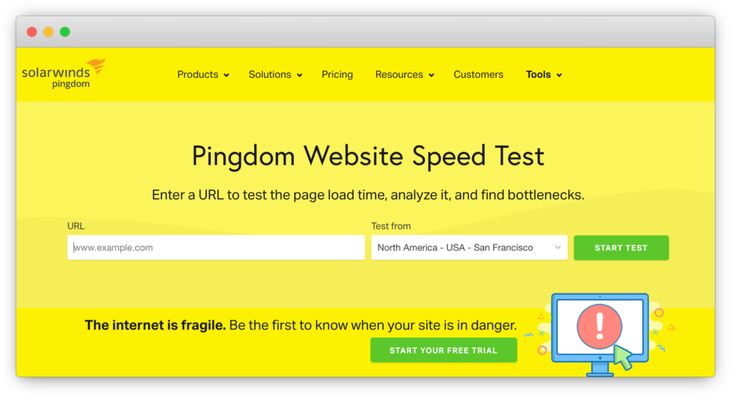 Pingdom Website Speed Test homepage