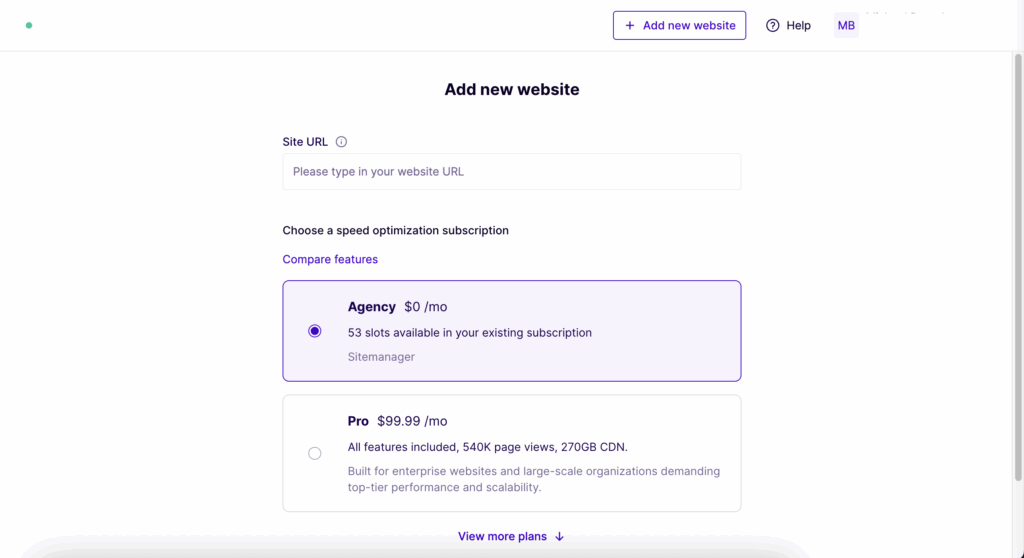 Add new website under an Agency plan