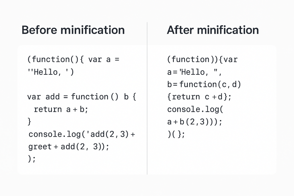 JavaScript code before and after minification