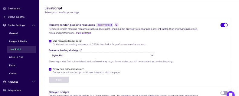 Enabling NItroPack's delayed scripts feature in the web app