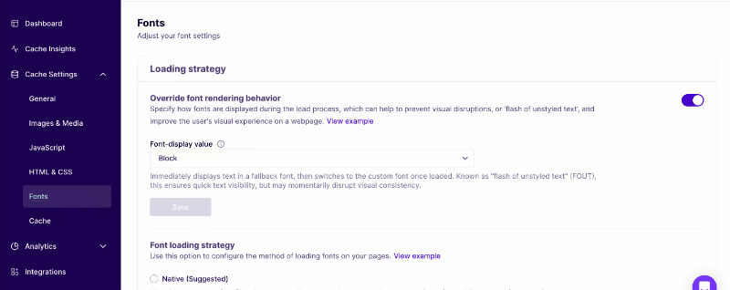 Enabling NitroPack's Font loading strategy features inside the web app