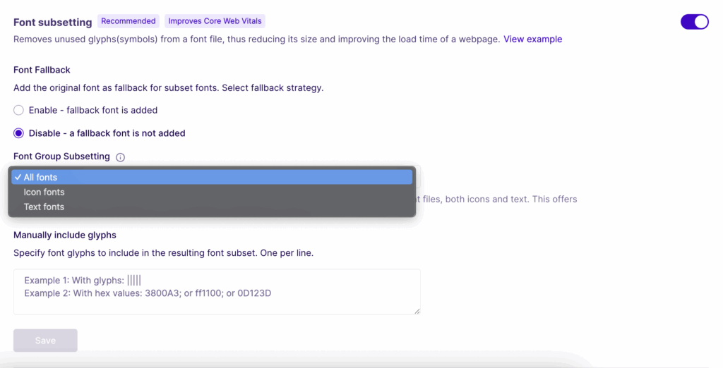 Font Subsetting settings