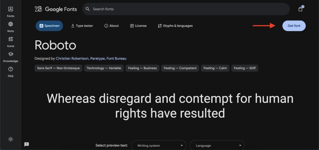 An image showing the Google Fonts web page and how to get a font