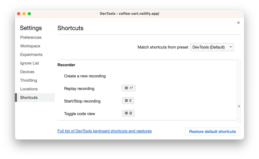 DevTools recorder customizable shortcuts