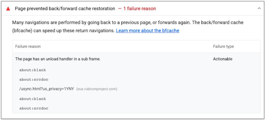 Page prevented back/forward cache restoration warning