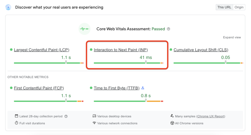 Screenshot from PSI Report Core Web Vitals assessment
