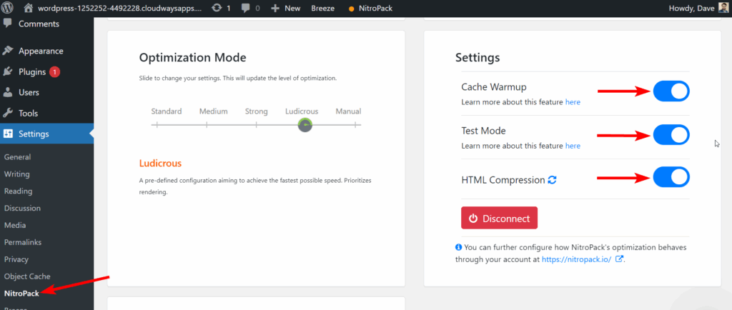 NitroPack WordPress dashboard