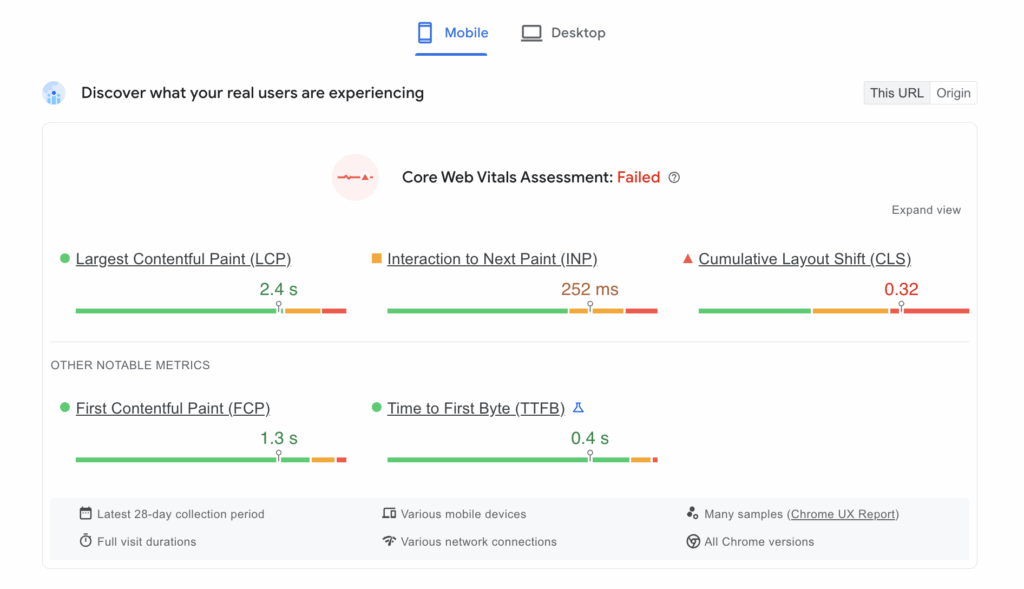 Failed Core Web Vitals on mobile