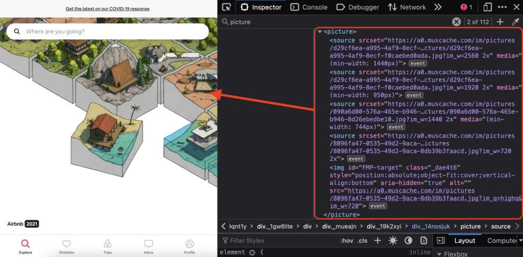Airbnb website image setup with srcset