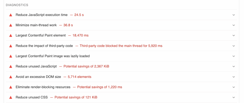 Examples of a Diagnostics section in Google Page Speed Insights