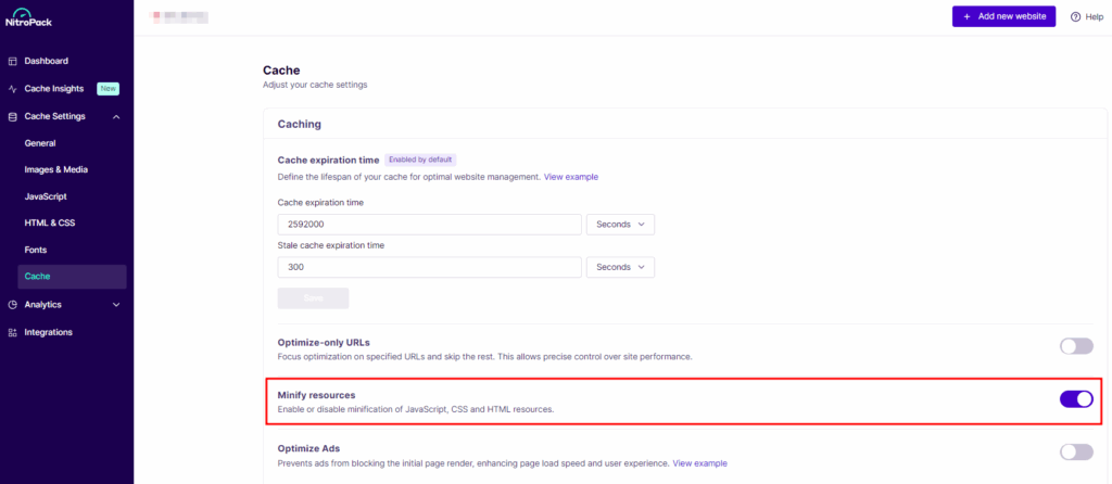 NitroPack Minify Resources feature