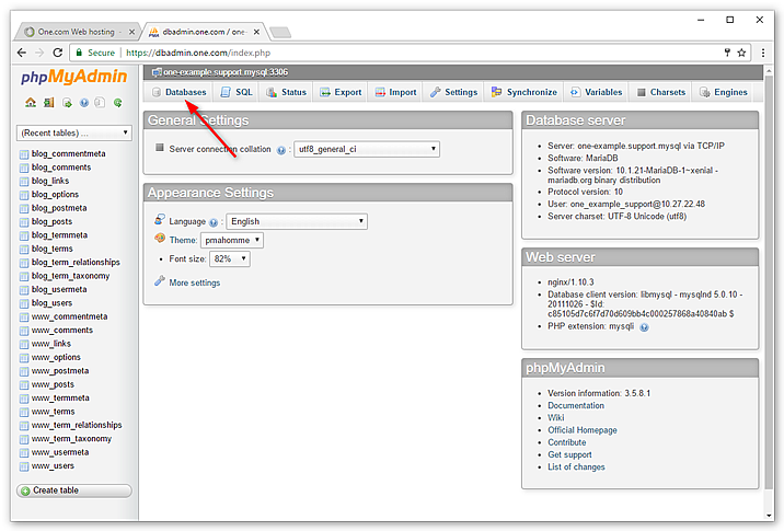 phpMyAdmin database settings