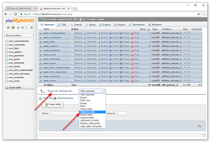 phpMyAdming optimize table