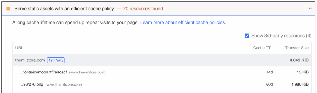 Serve static assets with an efficient cache policy PSI warning