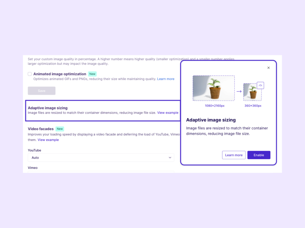 NitroPack’s adaptive image sizing feature