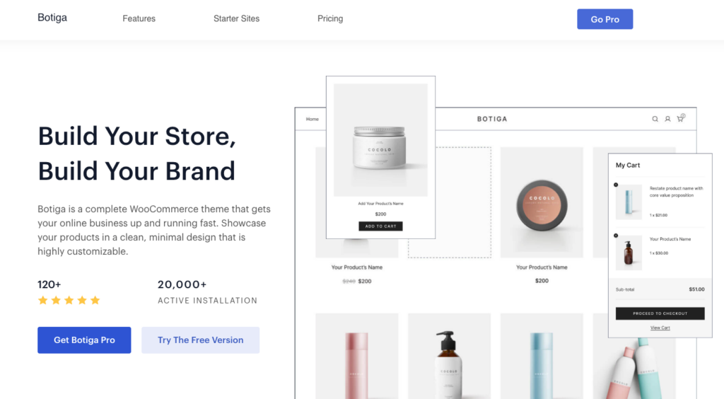 Botiga WooCommerce theme homepage showing a minimal product layout with clean typography.