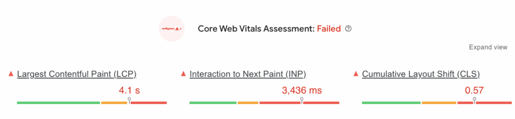 Failed Core Web Vitals Assessment in Google PageSpeed Insights