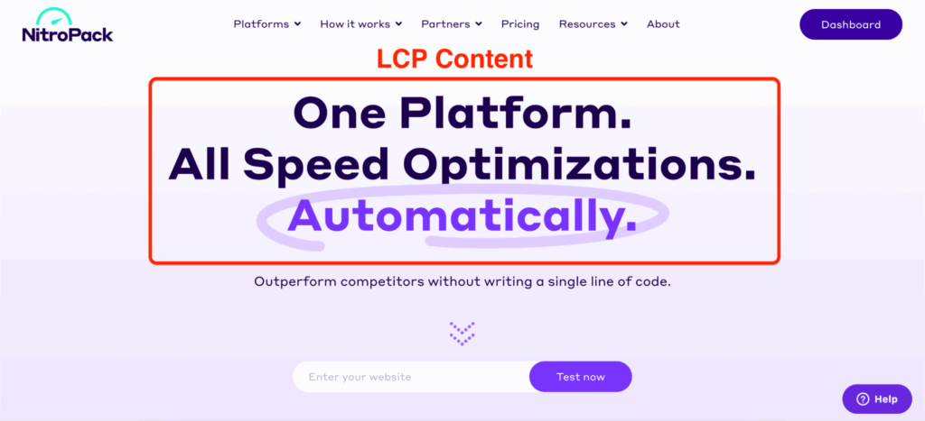 NitroPack home page and LCP element