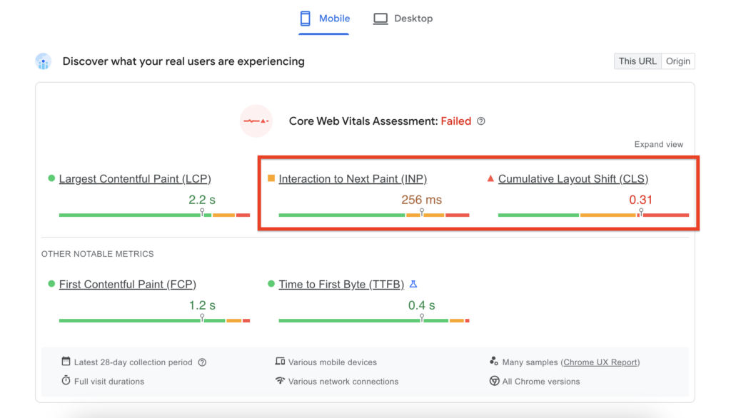 Core Web Vitals failed INP and CLS