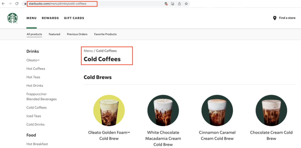 SEO-friendly URL structure example Starbucks website