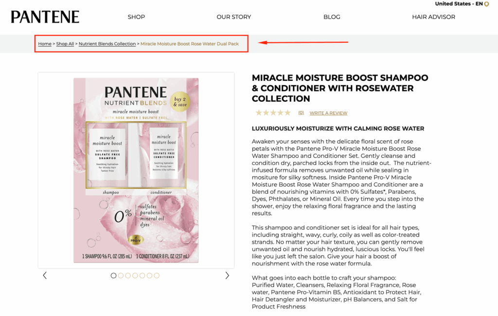 Optimized breadcrumb navigation example Pantene website